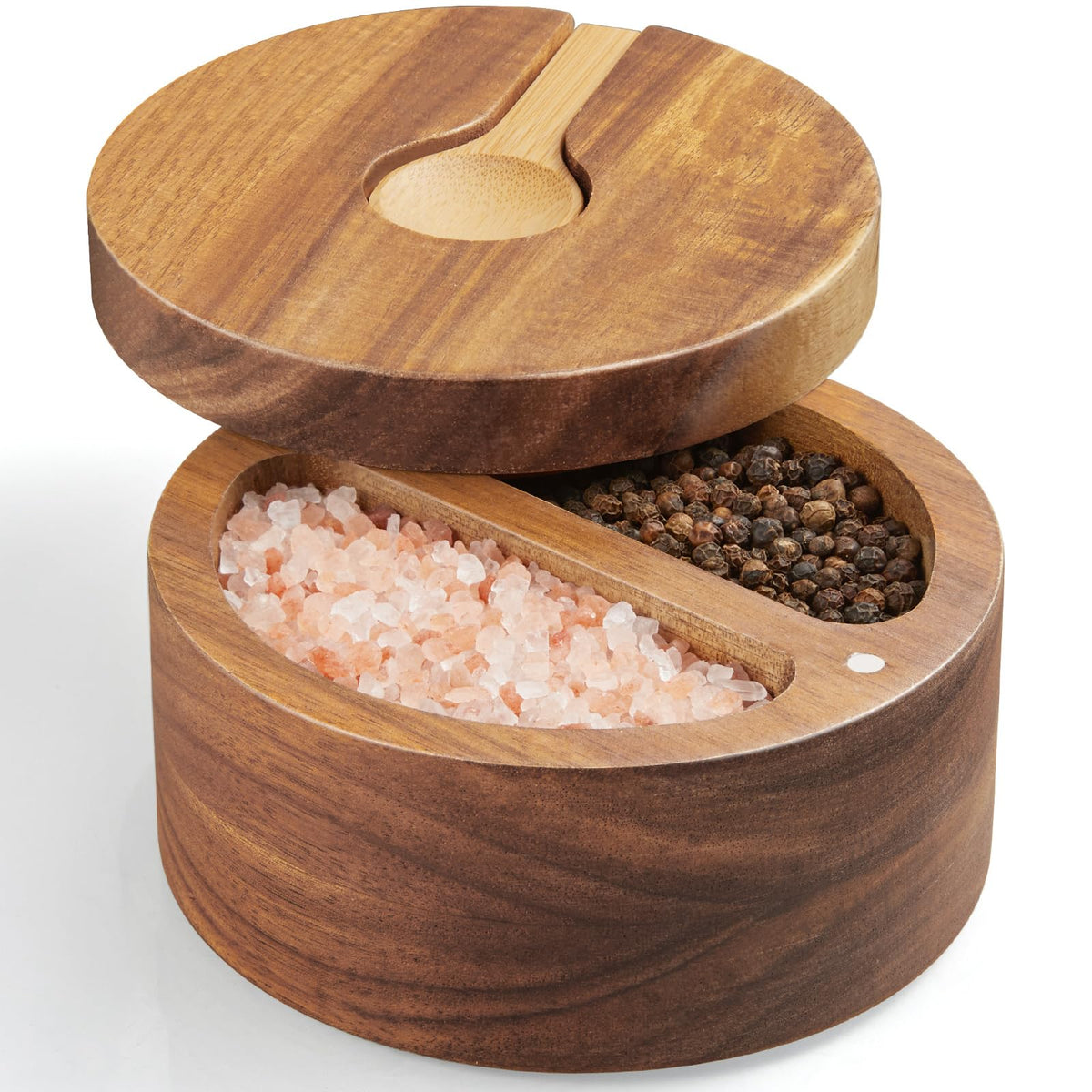 OUTNILI caja de sal de acacia con tapa giratoria: acceso rápido a especias.