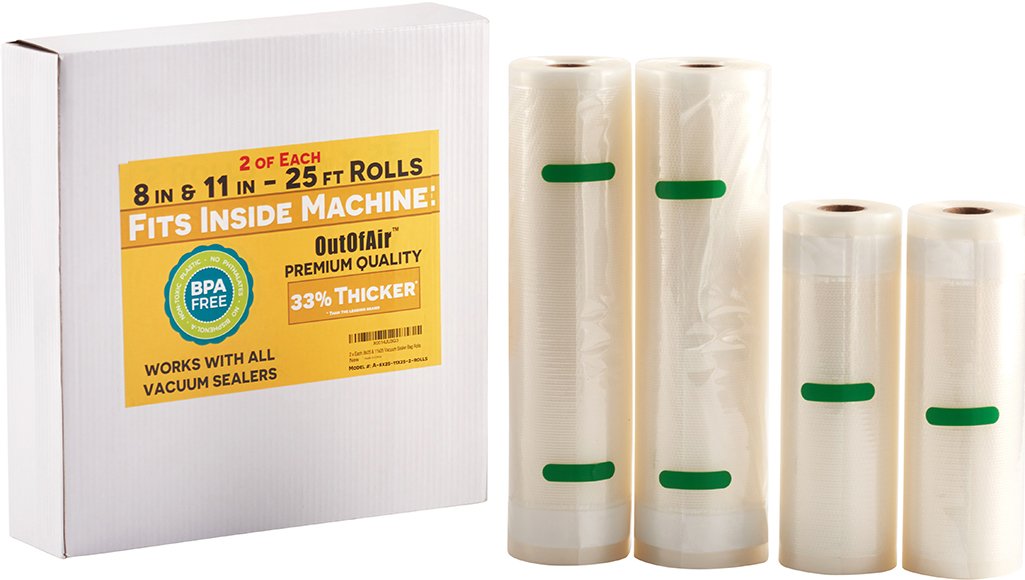 OutOfAir rollos 8x25 pulgadas para sellado, conservación de alimentos y frescura prolongada.