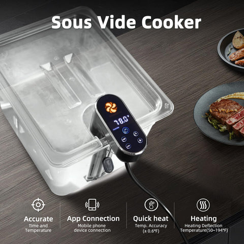 Outohome Sous Vide, pantalla grande para ajustar temperatura y tiempo fácilmente.