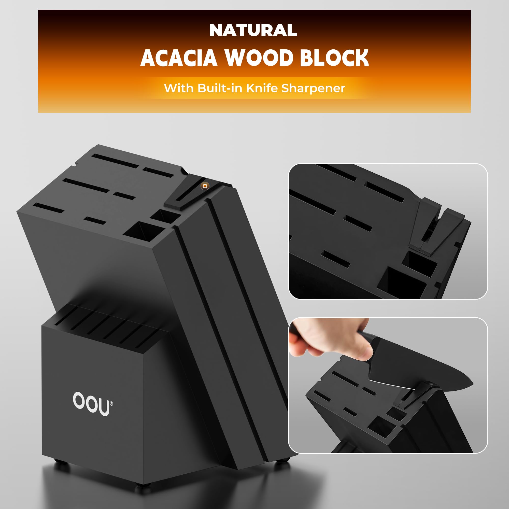 Bloque de cuchillos OOU con afilador integrado, almacenamiento seguro y mantenimiento sencillo.
