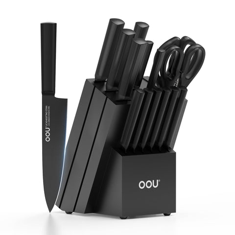 Conjunto de cuchillos OOU en bloque negro, almacenamiento seguro y ordenado para la cocina.