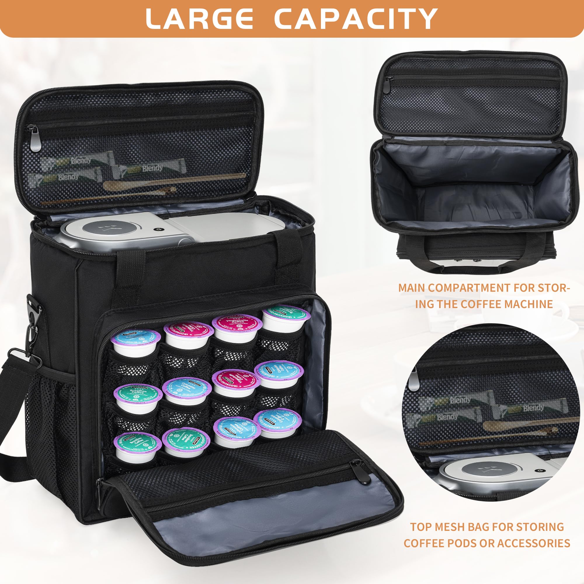 OUUTMEE bolsa cafetera, compartimento principal espacioso para accesorios y cápsulas