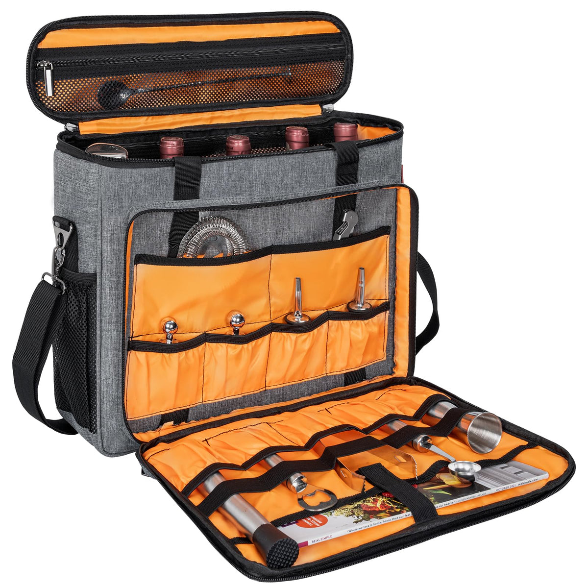 OUUTMEE kit bartender 11 piezas con bolsa gris, ideal para transporte y organización.