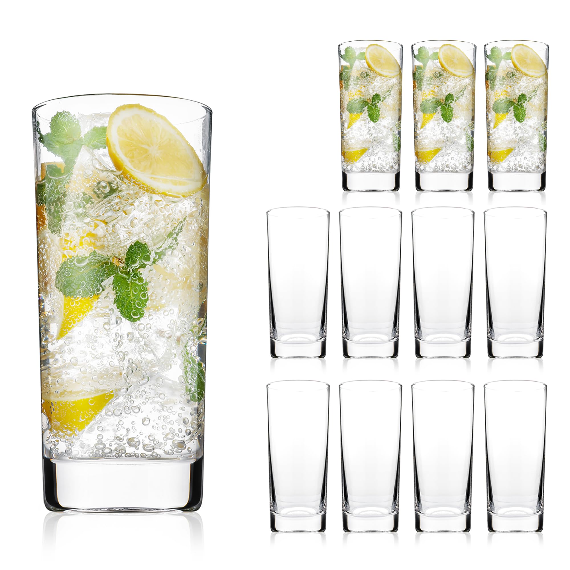 OUWO vasos altos 13 oz, conjunto de 12, en mesa para cócteles.