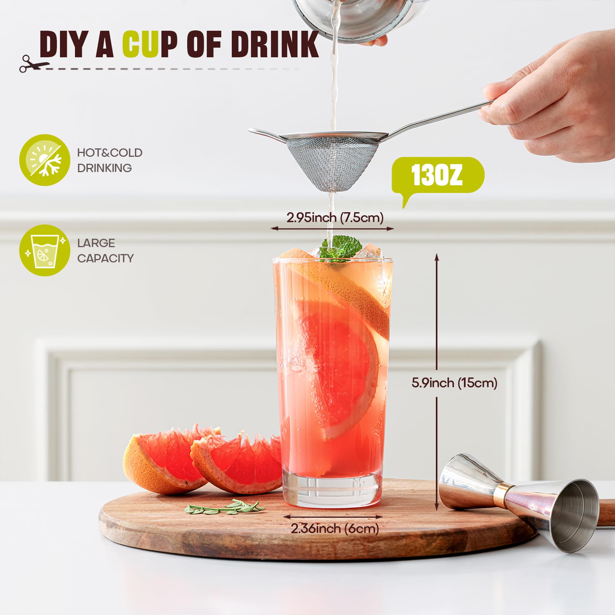 Vaso OUWO alto 13oz ergonomico para agarre seguro.