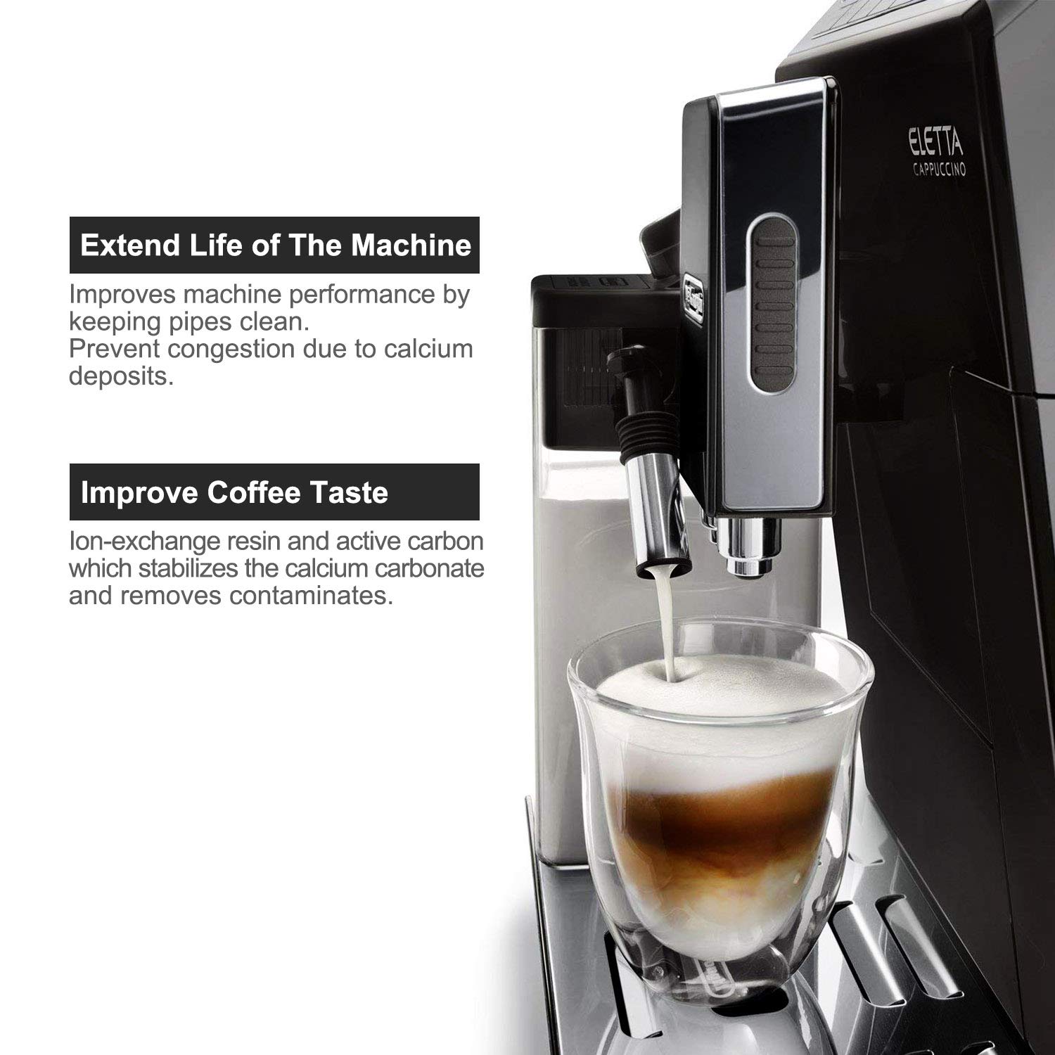 Ouxunus filtro reduce cloro y metales, con Delonghi, para bebidas más limpias.