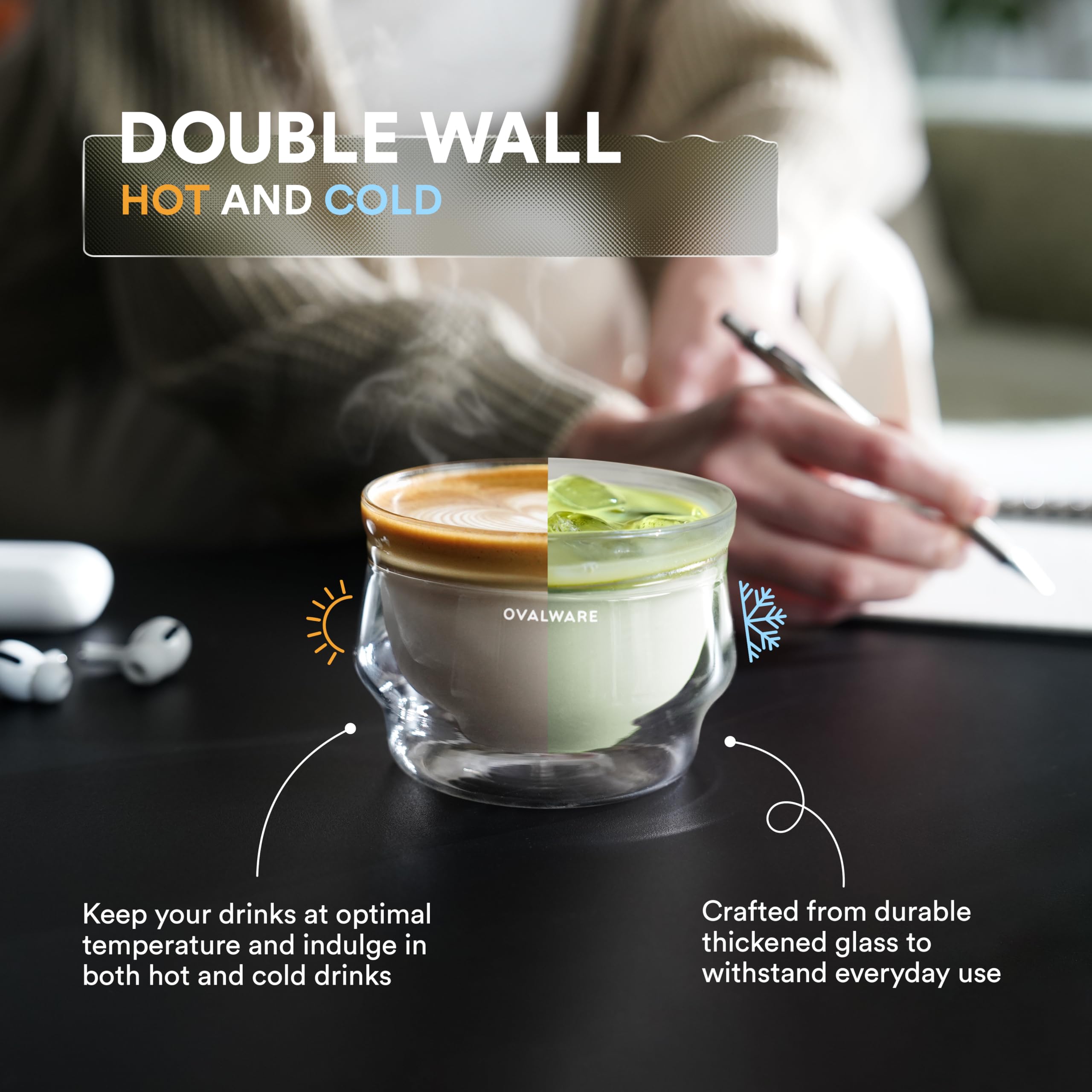 Ovalware tazas latte doble pared evitan quemaduras y condensación
