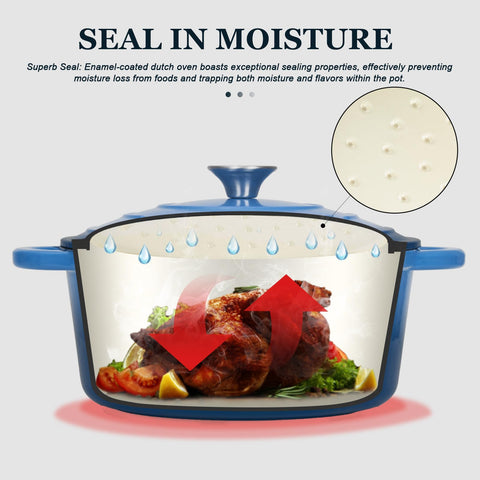 Olla Overmont esmaltada azul 7QT, cuerpo en uso para guisos sabrosos.