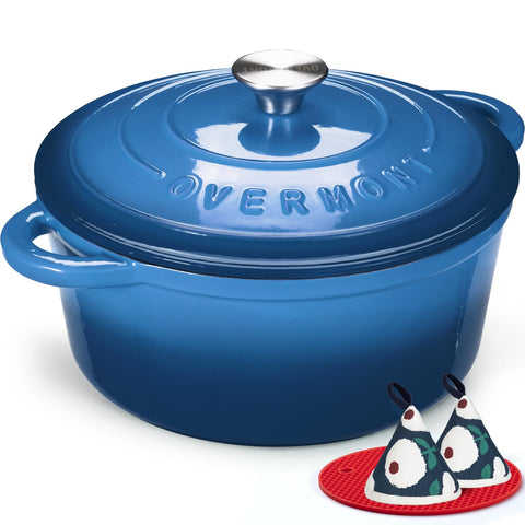 Olla holandesa Overmont esmaltada azul 7QT con tapa y libro de cocina para recetas fáciles.