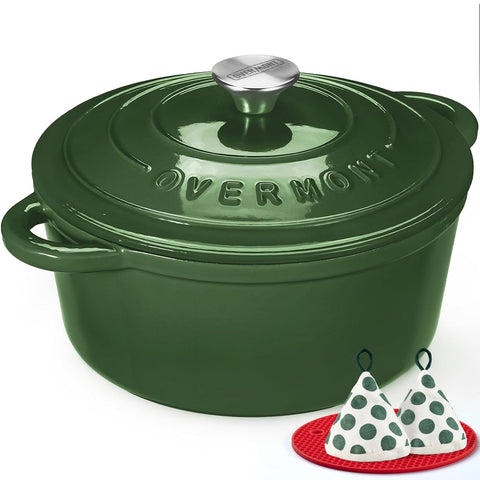 Overmont olla de hierro esmaltado verde brillante, distribución uniforme de calor para guisos.