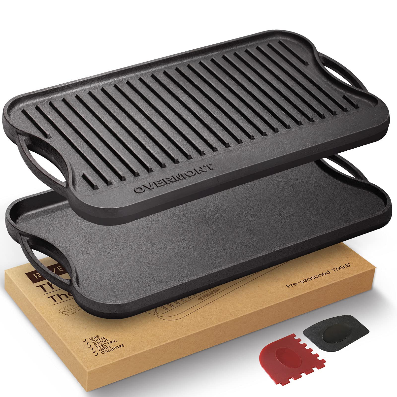 Plancha reversible Overmont de 17x9,8 pulgadas para sellar carnes con dorado uniforme.