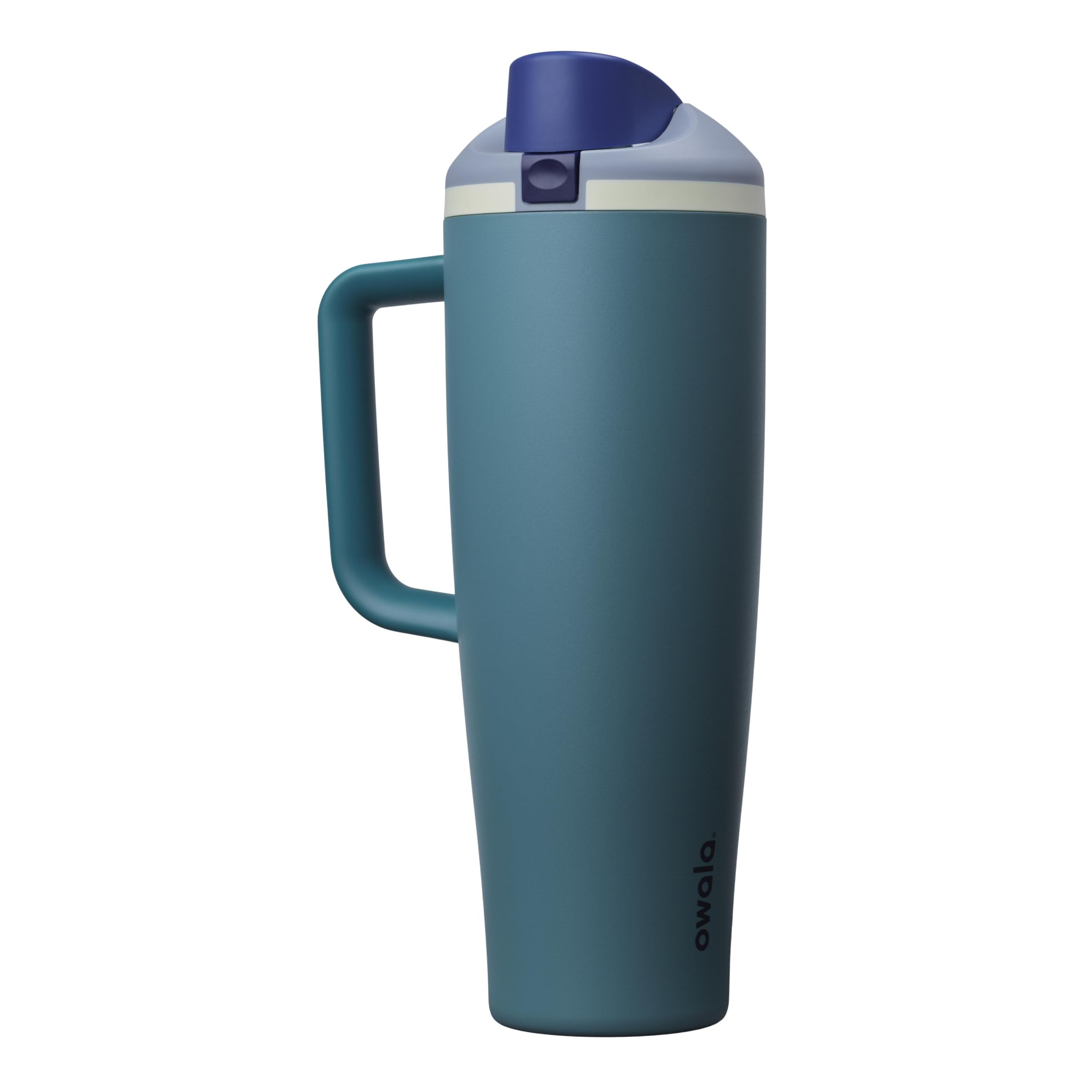 Owala FreeSip vista frontal Denim muestra capacidad y acabado resistente