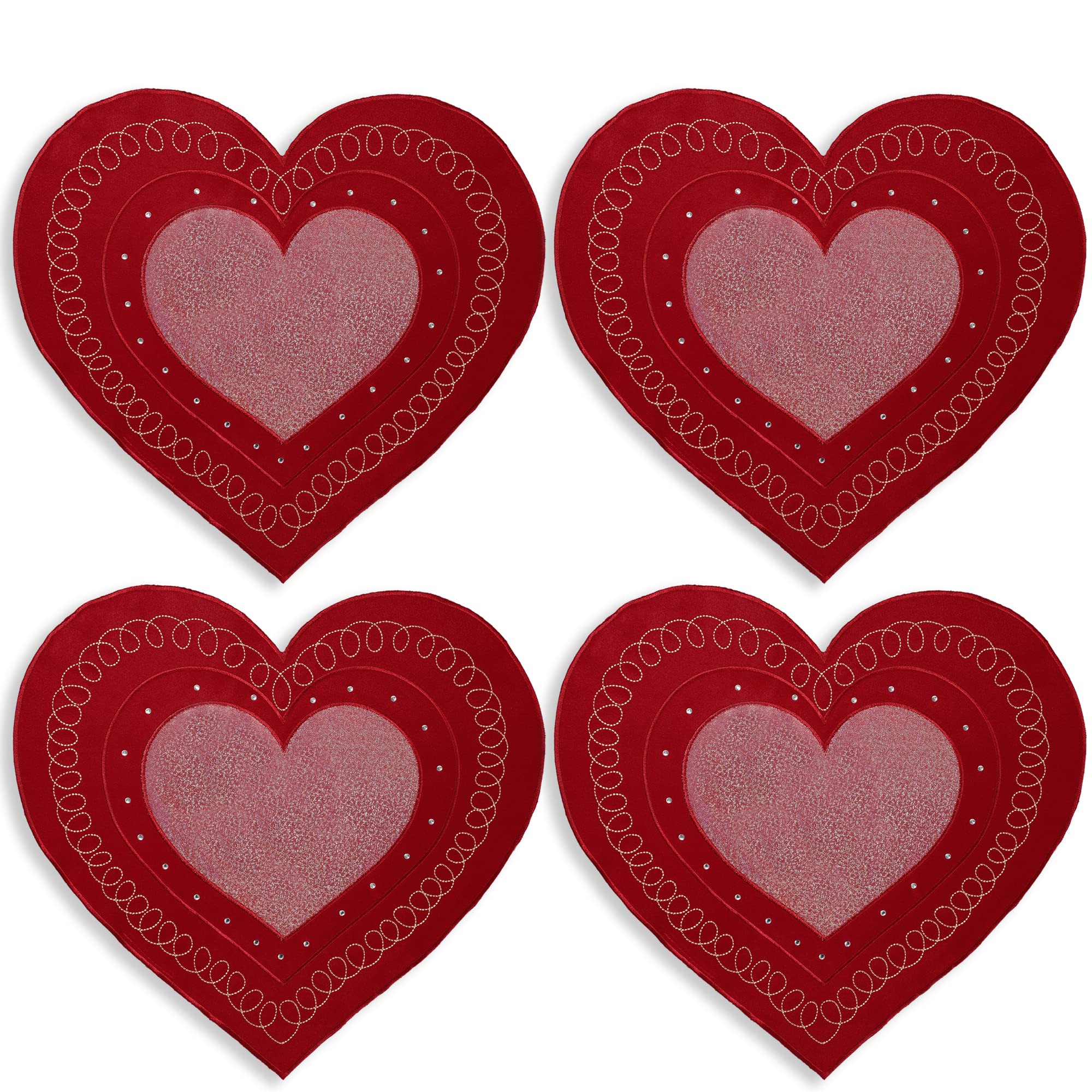 OWENIE manteles individuales con corazón rojo bordado y lentejuelas para una mesa romántica.