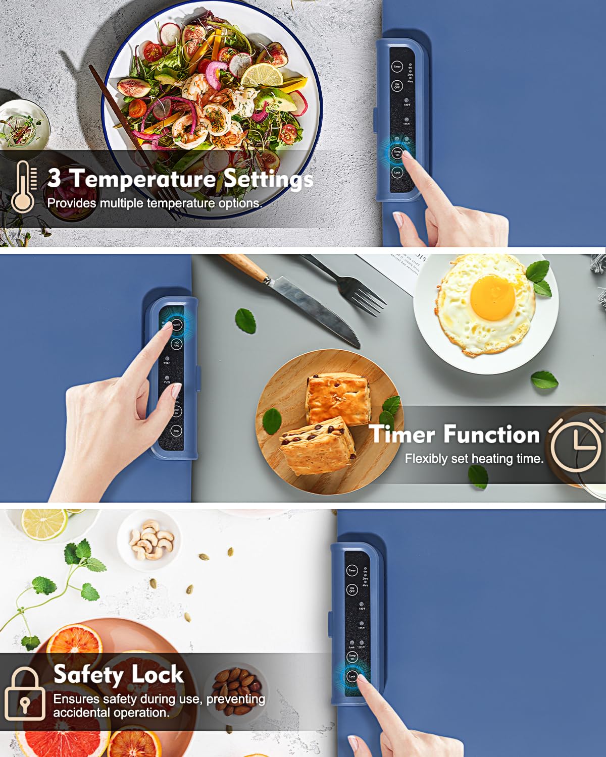 Owenri Control de temperatura ajustable con tres configuraciones para diferentes comidas.