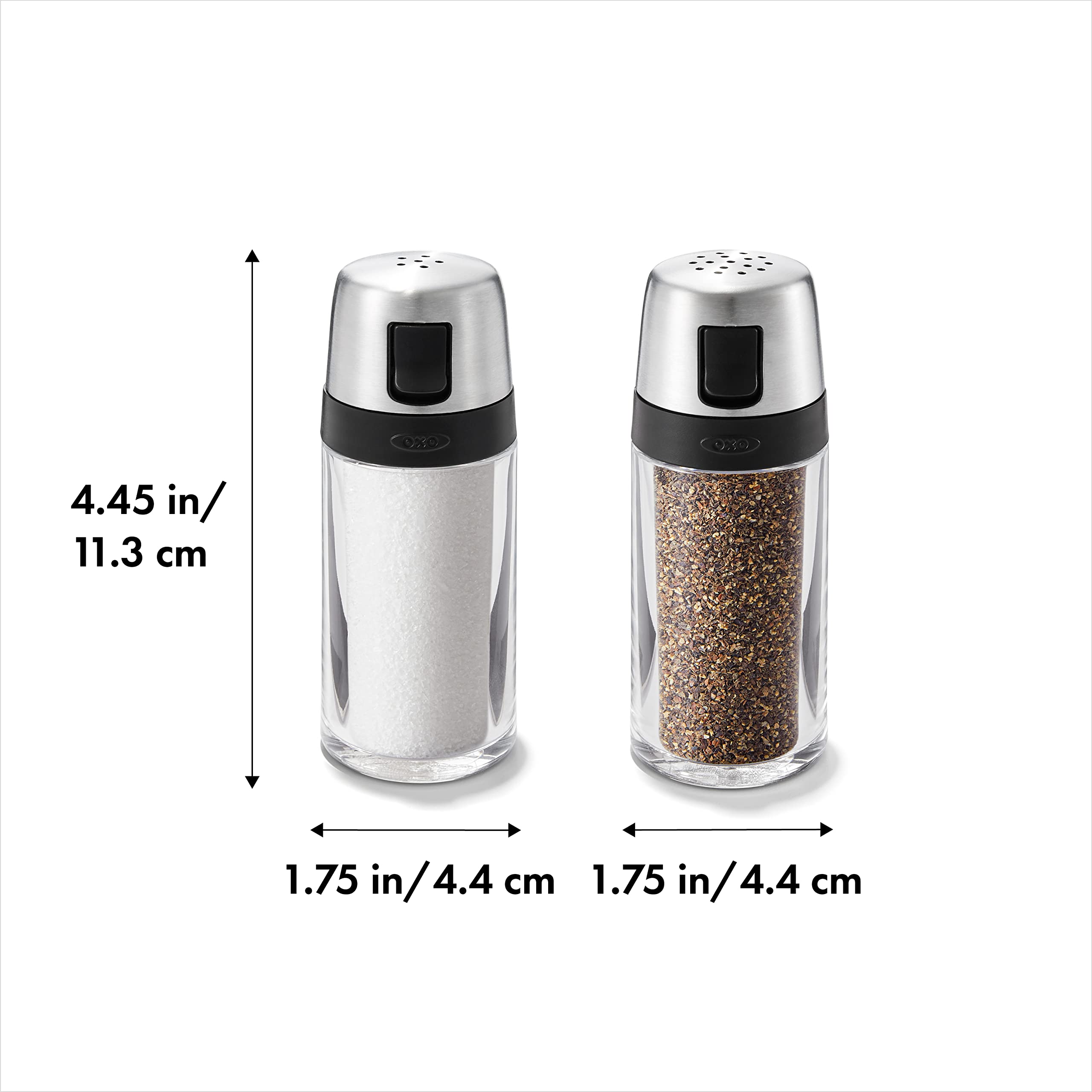 OXO conjunto sal pimienta, patrón de agujeros diferentes para sazonar con precisión.