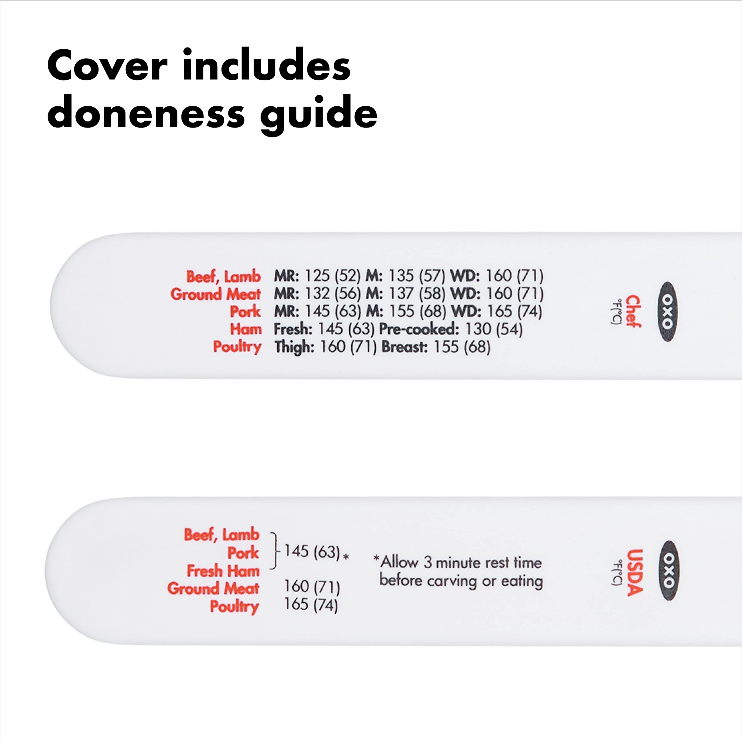 OXO Good Grips termómetro analógico, funda incluida con temperaturas recomendadas.