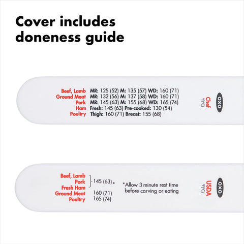 OXO Good Grips termómetro analógico, funda incluida con temperaturas recomendadas.
