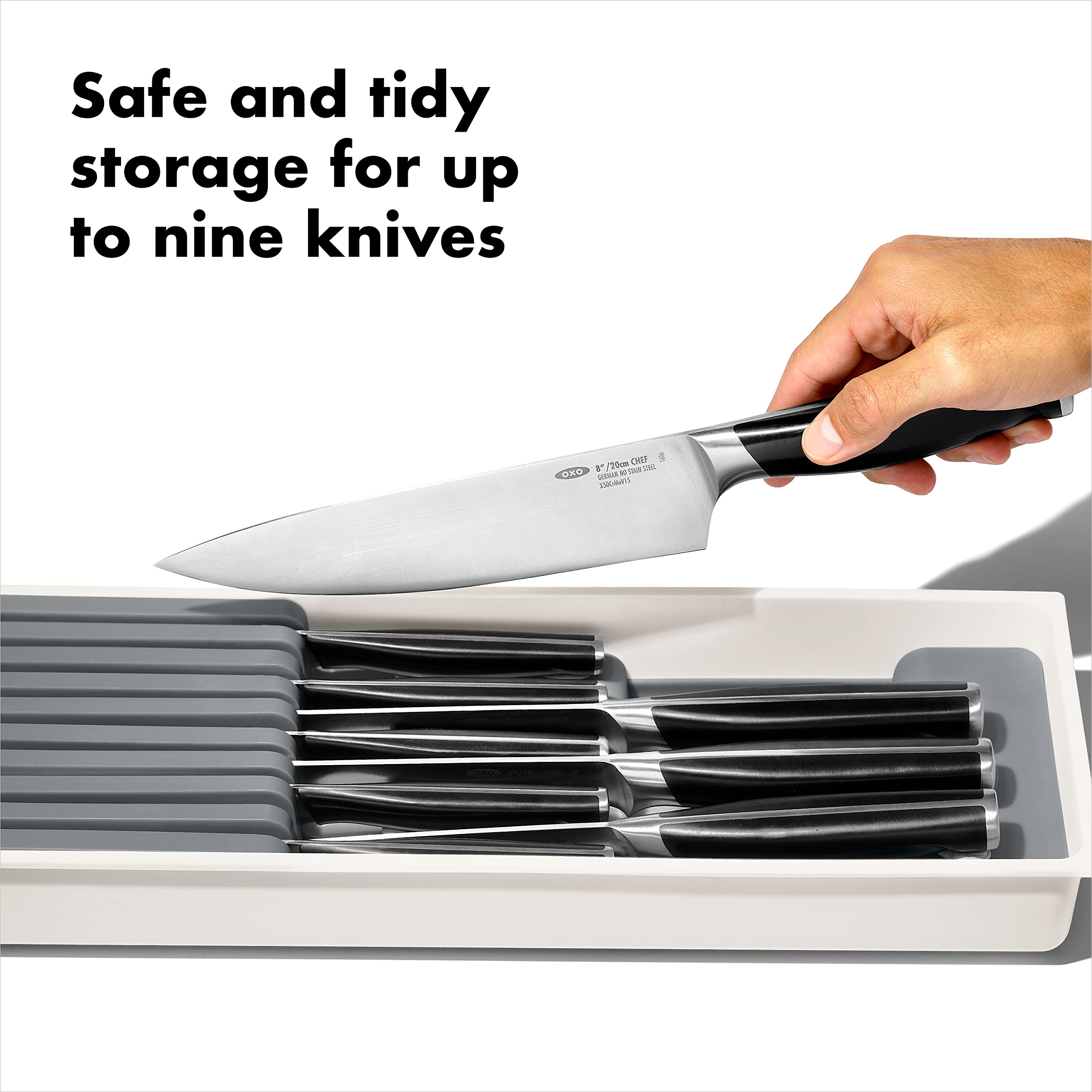OXO Good Grips Compacto, ranuras para cuchillos pequeños, uso eficiente del cajón.