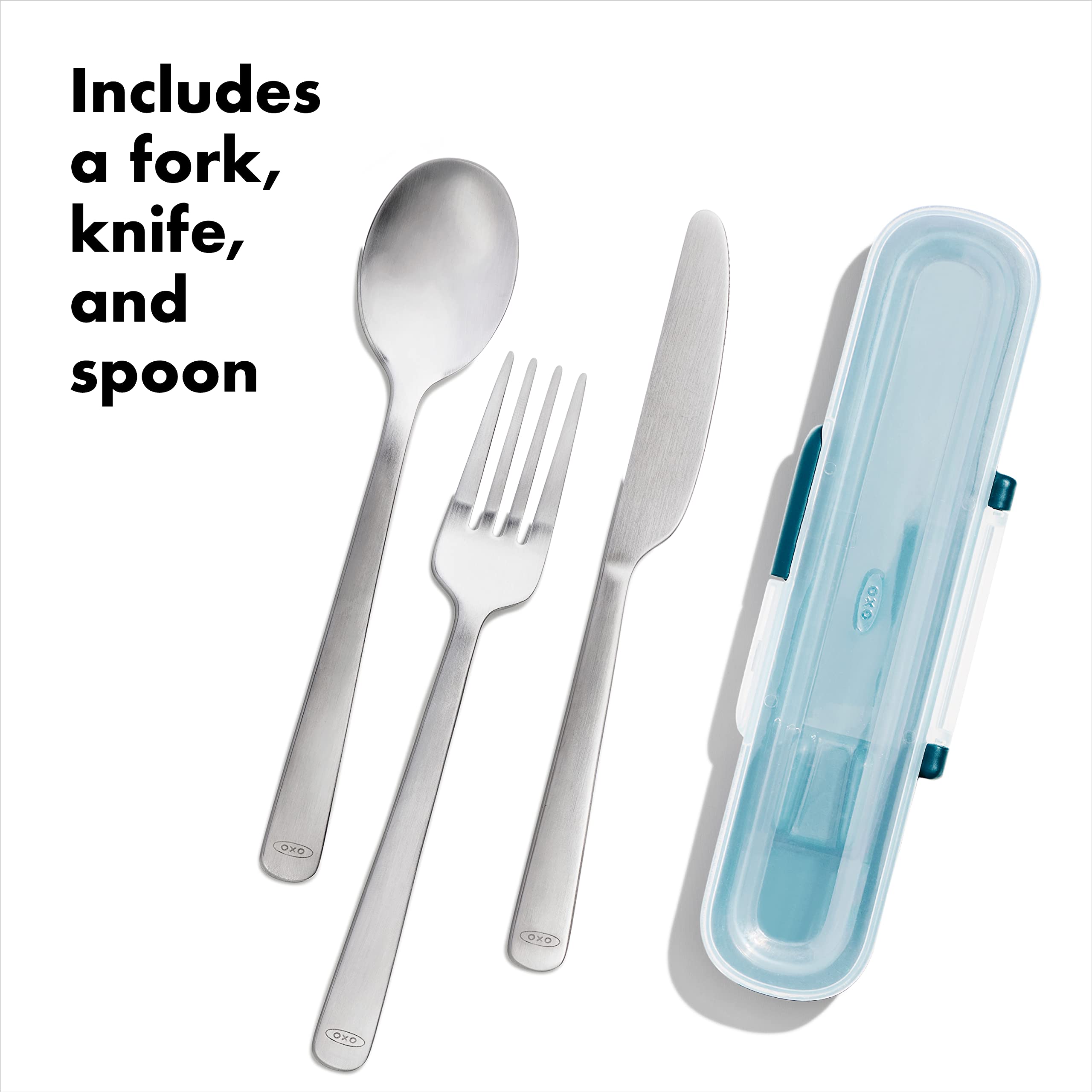 Conjunto completo OXO Good Grips: tenedor, cuchillo y cuchara.