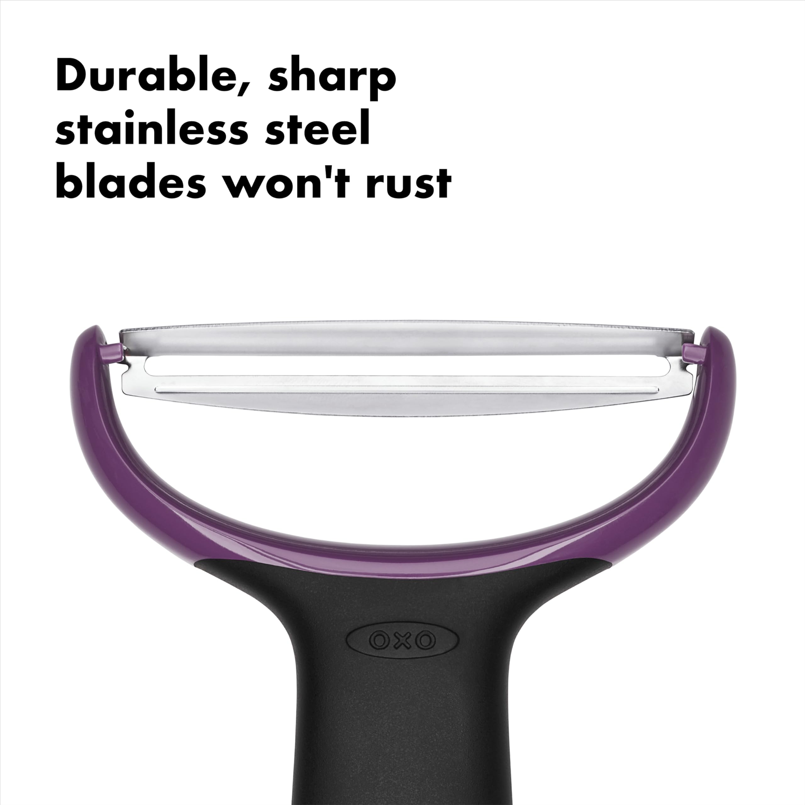 Oxo Good Grips Pelador Grande, vista trasera, hoja de acero inoxidable resistente a la oxidación.