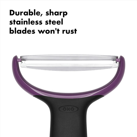 Oxo Good Grips Pelador Grande, vista trasera, hoja de acero inoxidable resistente a la oxidación.