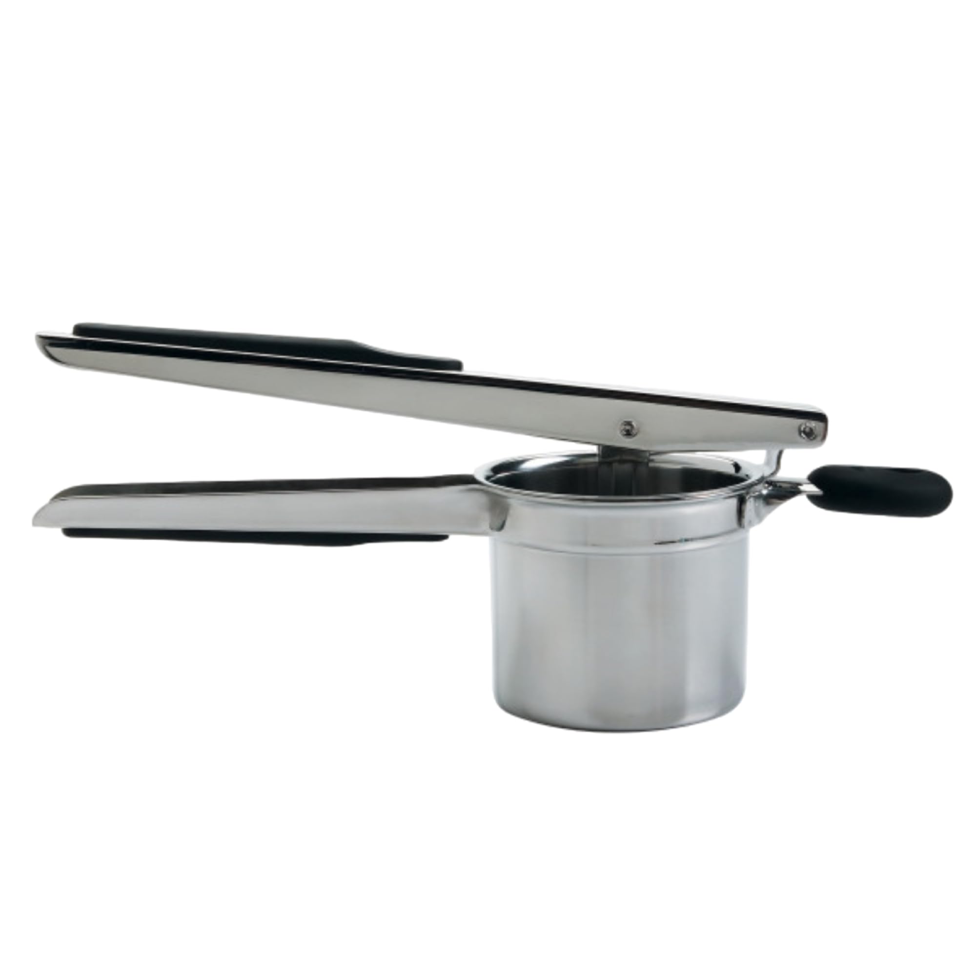 OXO Prensa para patatas de acero inoxidable, vista frontal, agarre cómodo para puré suave
