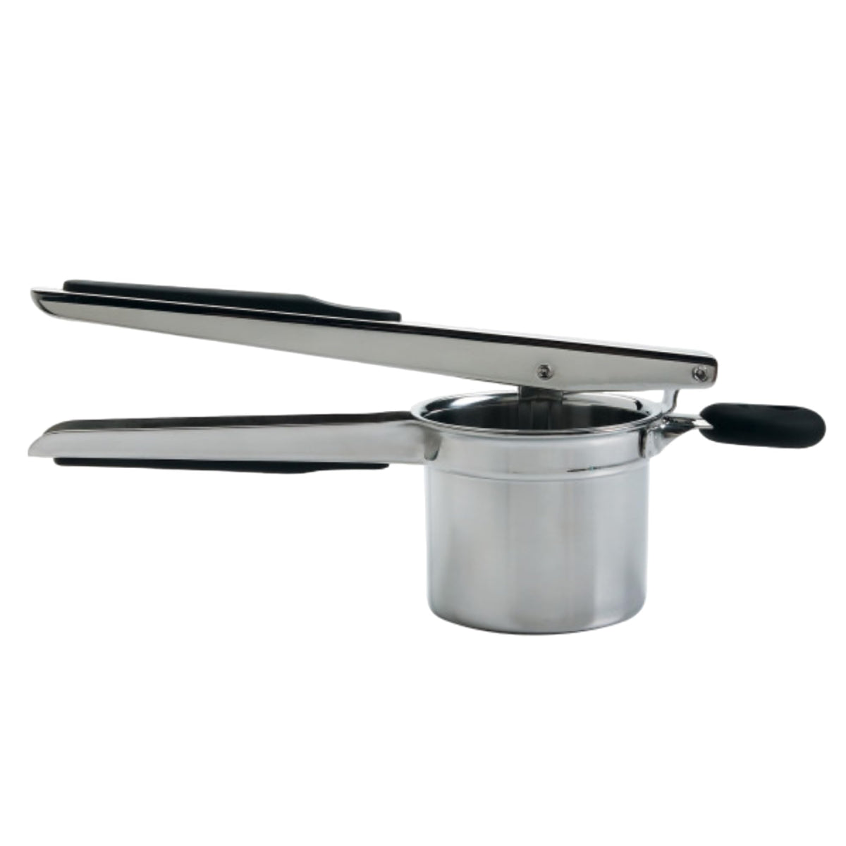 OXO Prensa para patatas de acero inoxidable, vista frontal, agarre cómodo para puré suave