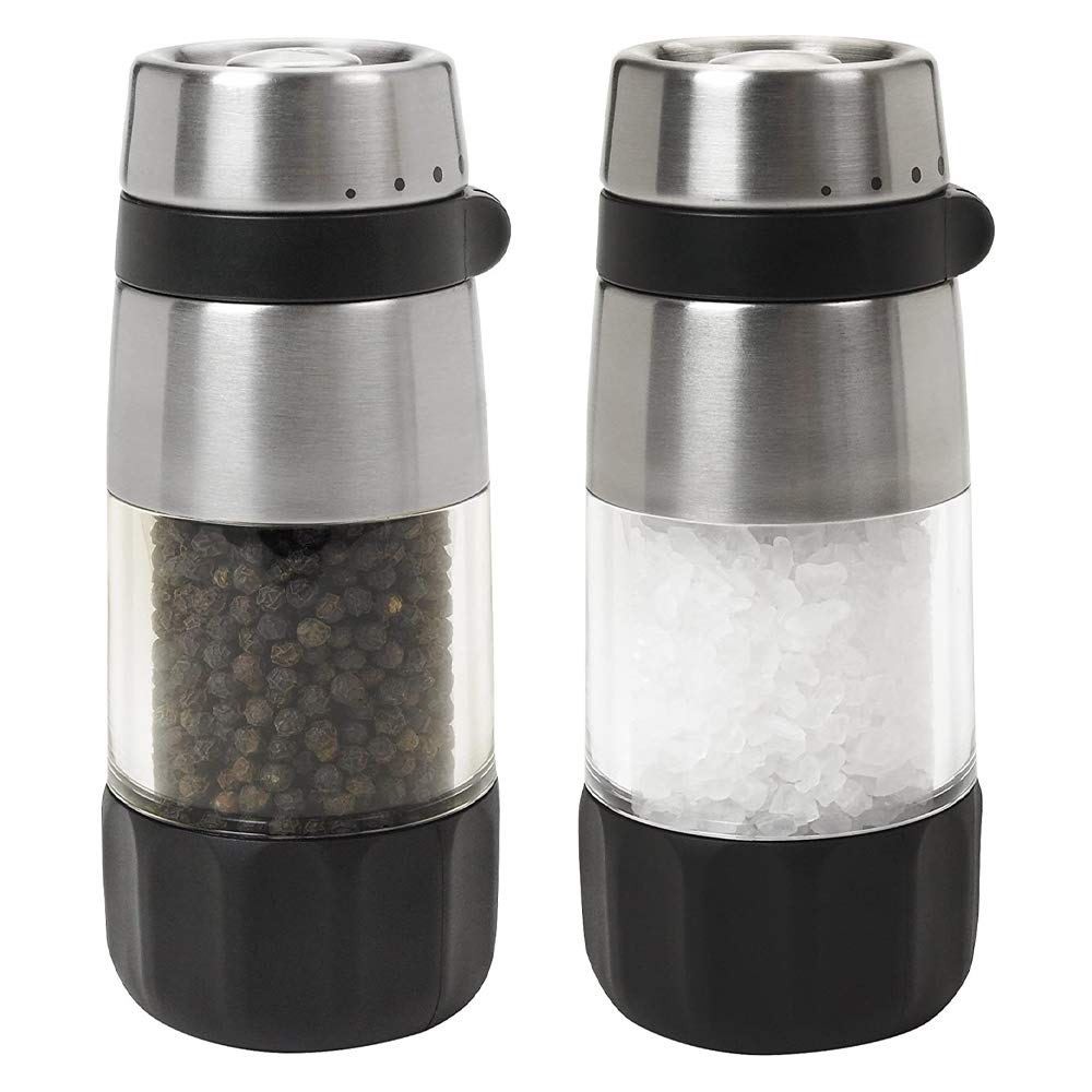 OXO Good Grips salero y molinillo con cuerpo de acero y acrílico, estilo limpio