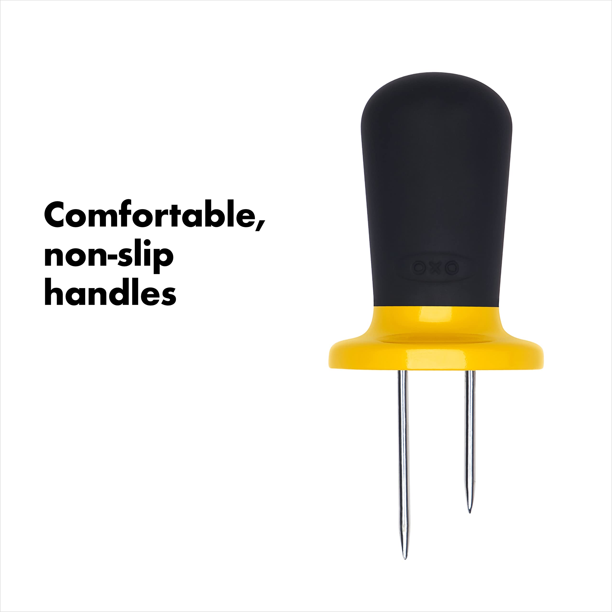 Puntas resistentes mantienen los soportes OXO Good Grips fijados a la mazorca