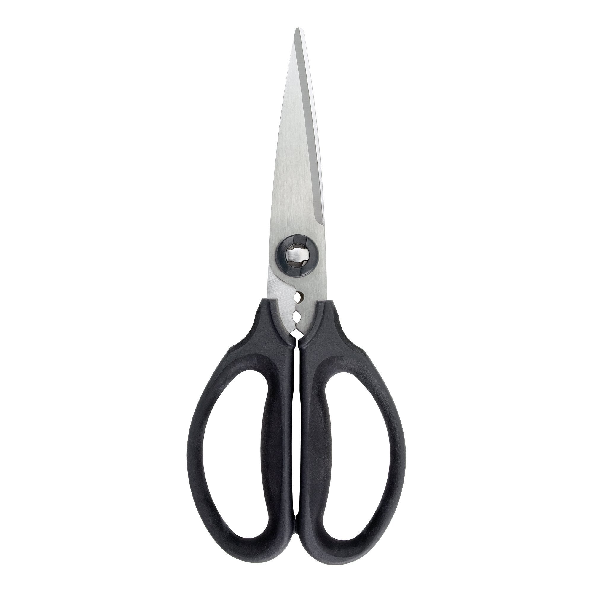 Tijeras de cocina OXO Good Grips muestran uso multiusos para carne y verduras.