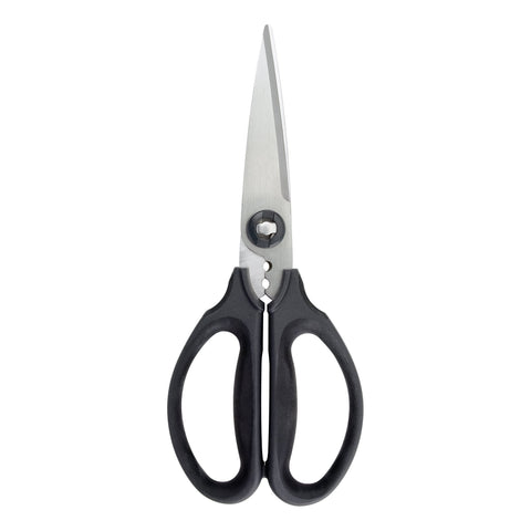Tijeras de cocina OXO Good Grips muestran uso multiusos para carne y verduras.