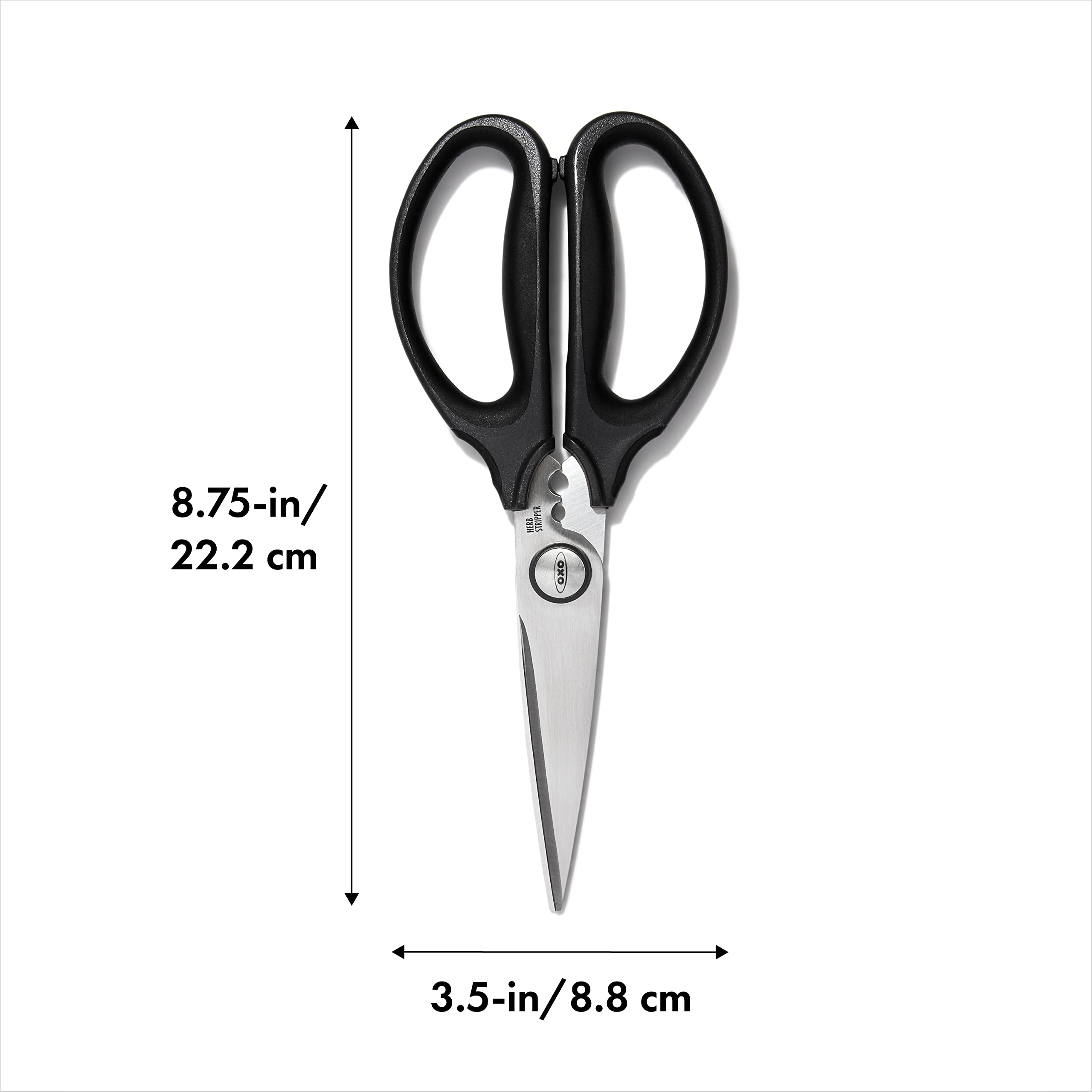 Tijeras OXO con hojas micro-serradas para mejor agarre y cortes precisos.