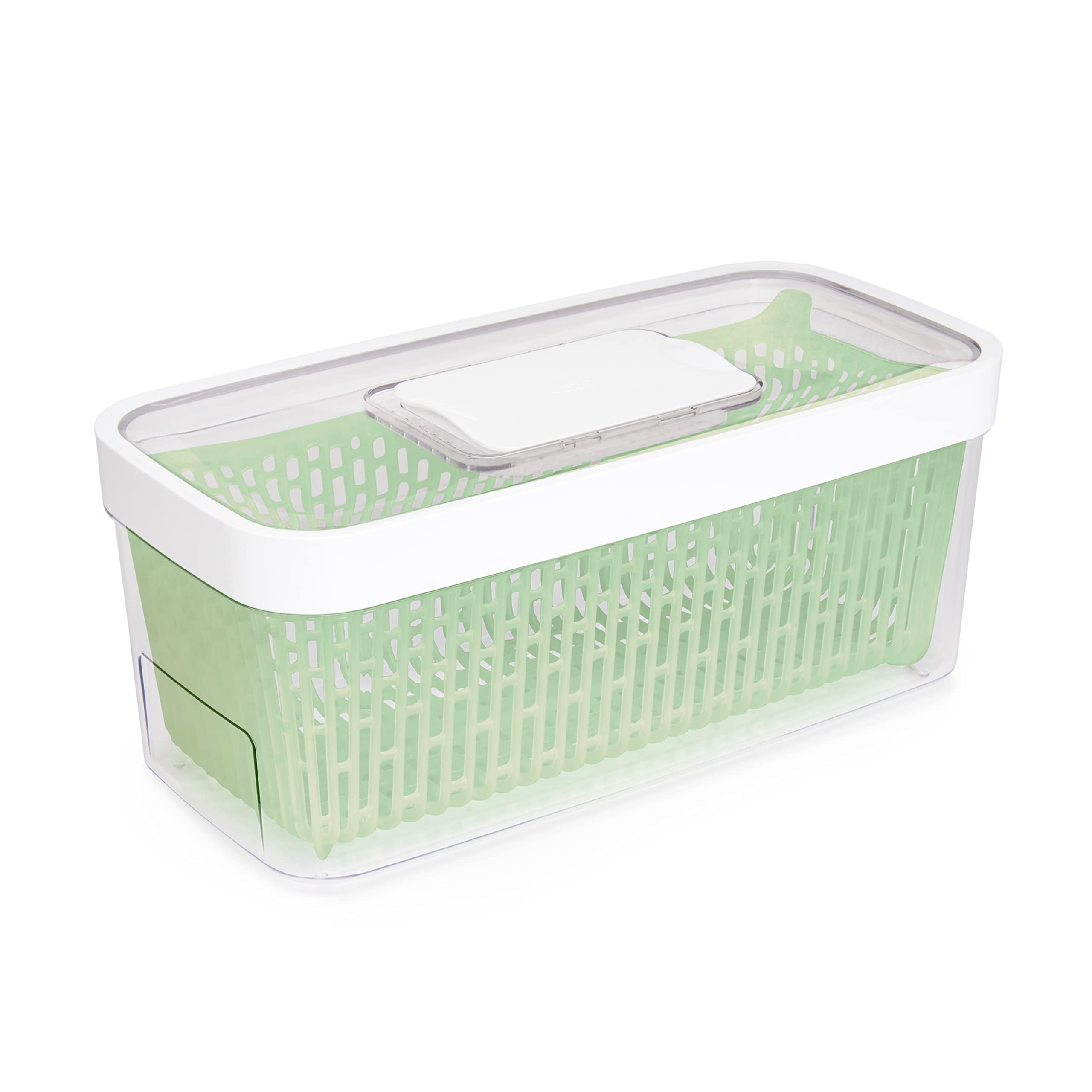 OXO GreenSaver grande y blanco: conserva frescura de verduras por más tiempo.
