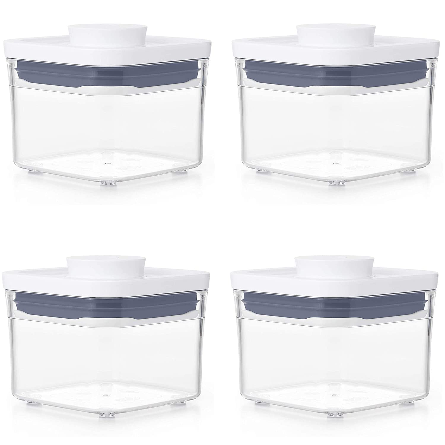 Conjunto de 4 contenedores OXO POP 0,4 qt cuadrados para almacenamiento compacto.