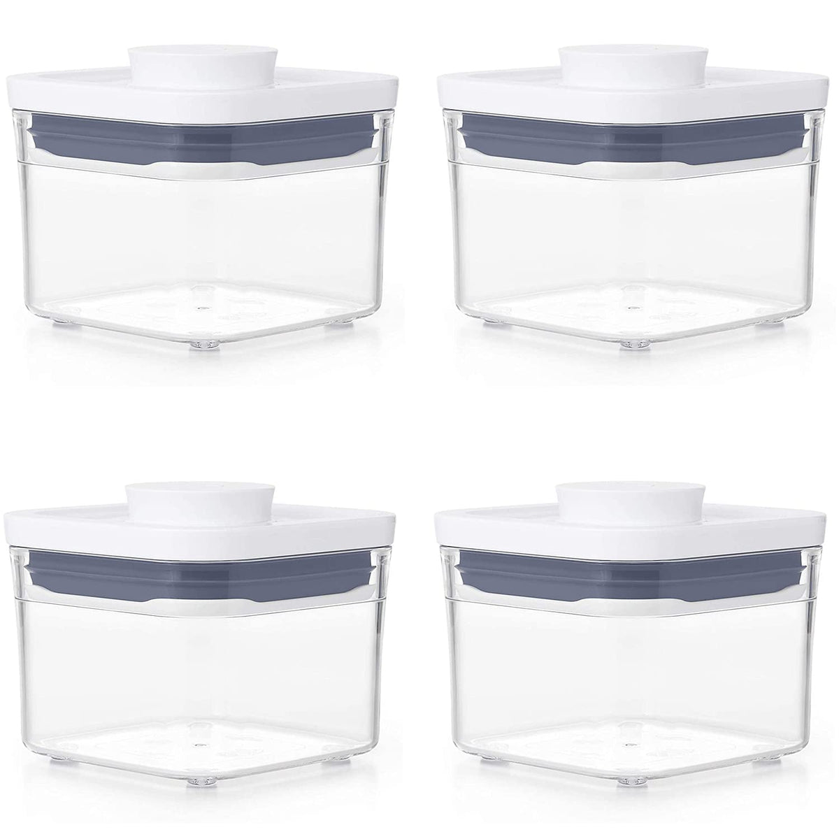 Conjunto de 4 contenedores OXO POP 0,4 qt cuadrados para almacenamiento compacto.
