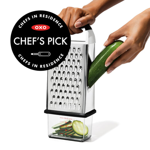 OXO Good Grips Box Grater, contenedor integrado para recoger y medir rallado.