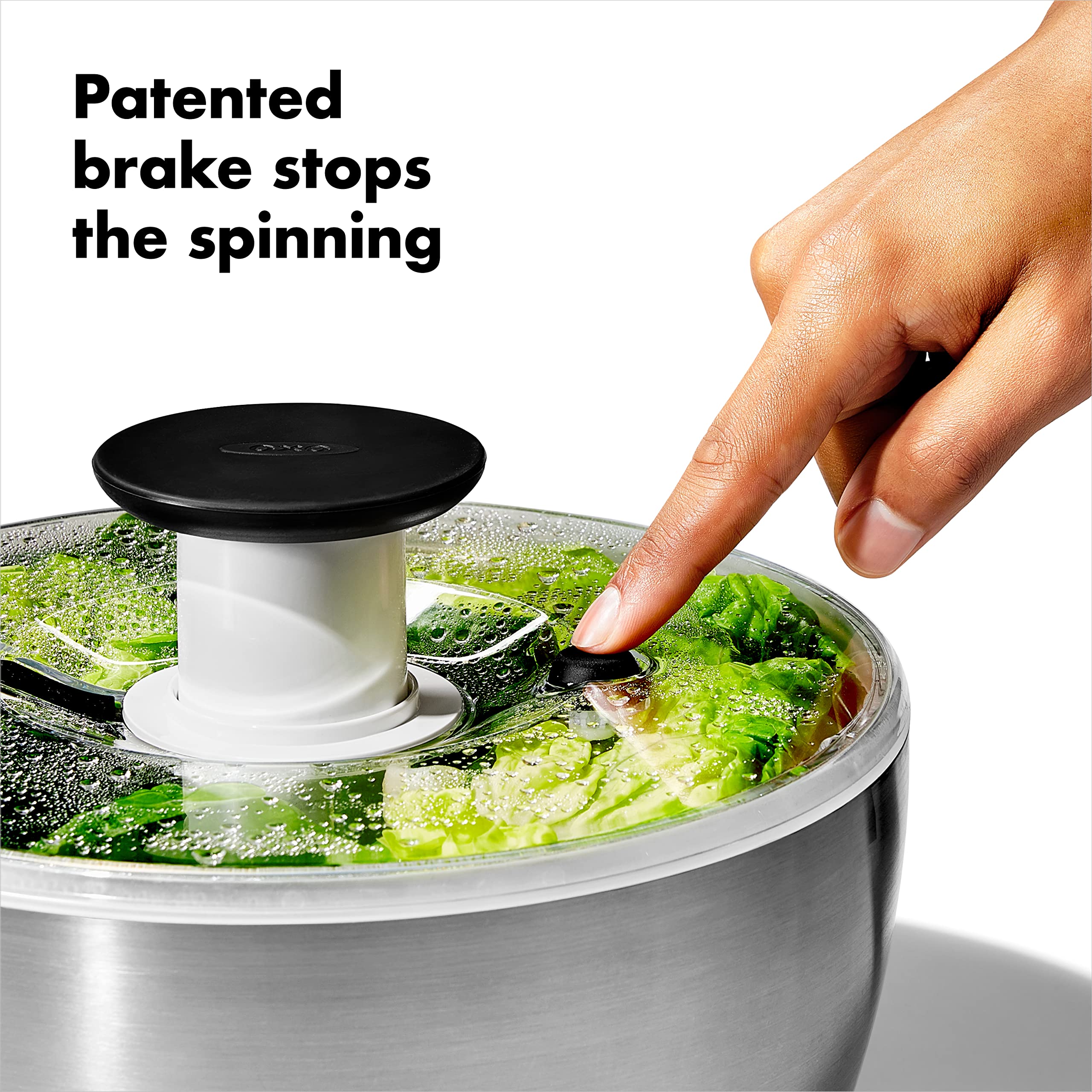OXO Steel Salad Spinner bol-inoxidable-para-servir ideal en mesa.