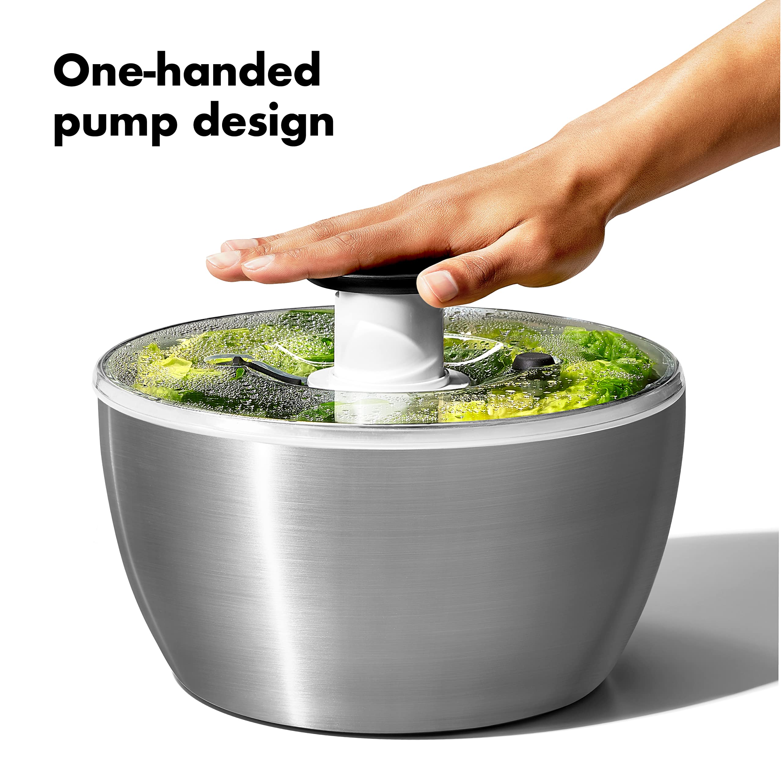 OXO Steel Salad Spinner cesta-escurrido funciona como colador para enjuagar.