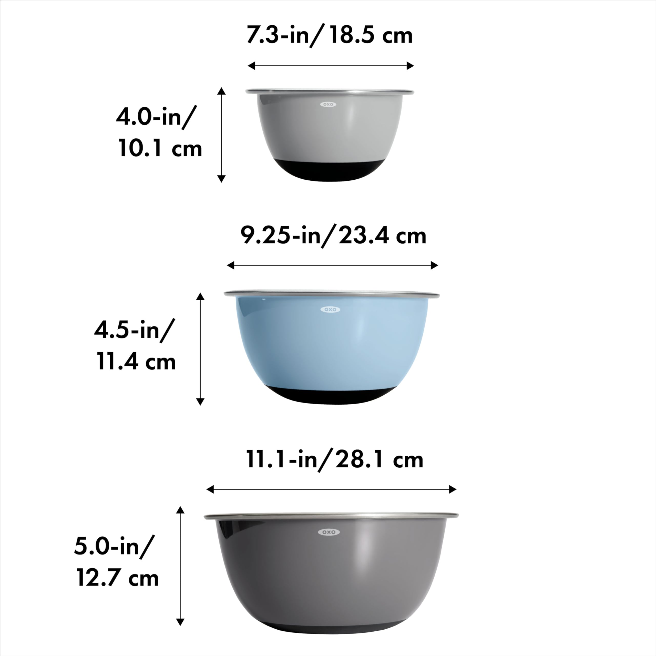 Conjunto de tazones OXO apilables para almacenamiento compacto.