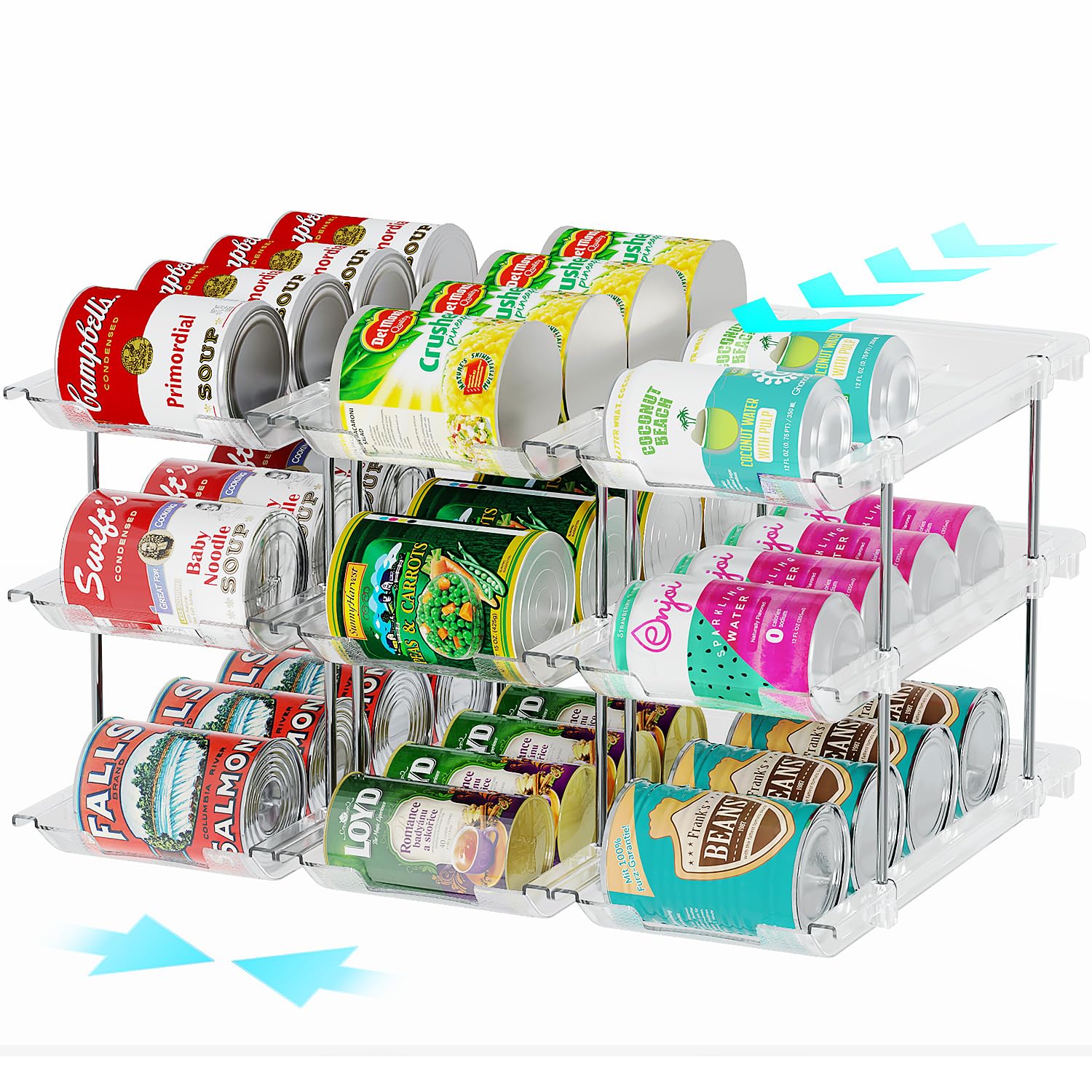 oylik organizador-latas-despensa-3-niveles muestra distribución en tres alturas para 36 latas y acceso rápido