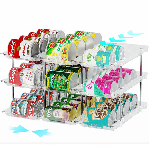 oylik organizador-latas-despensa-3-niveles muestra distribución en tres alturas para 36 latas y acceso rápido