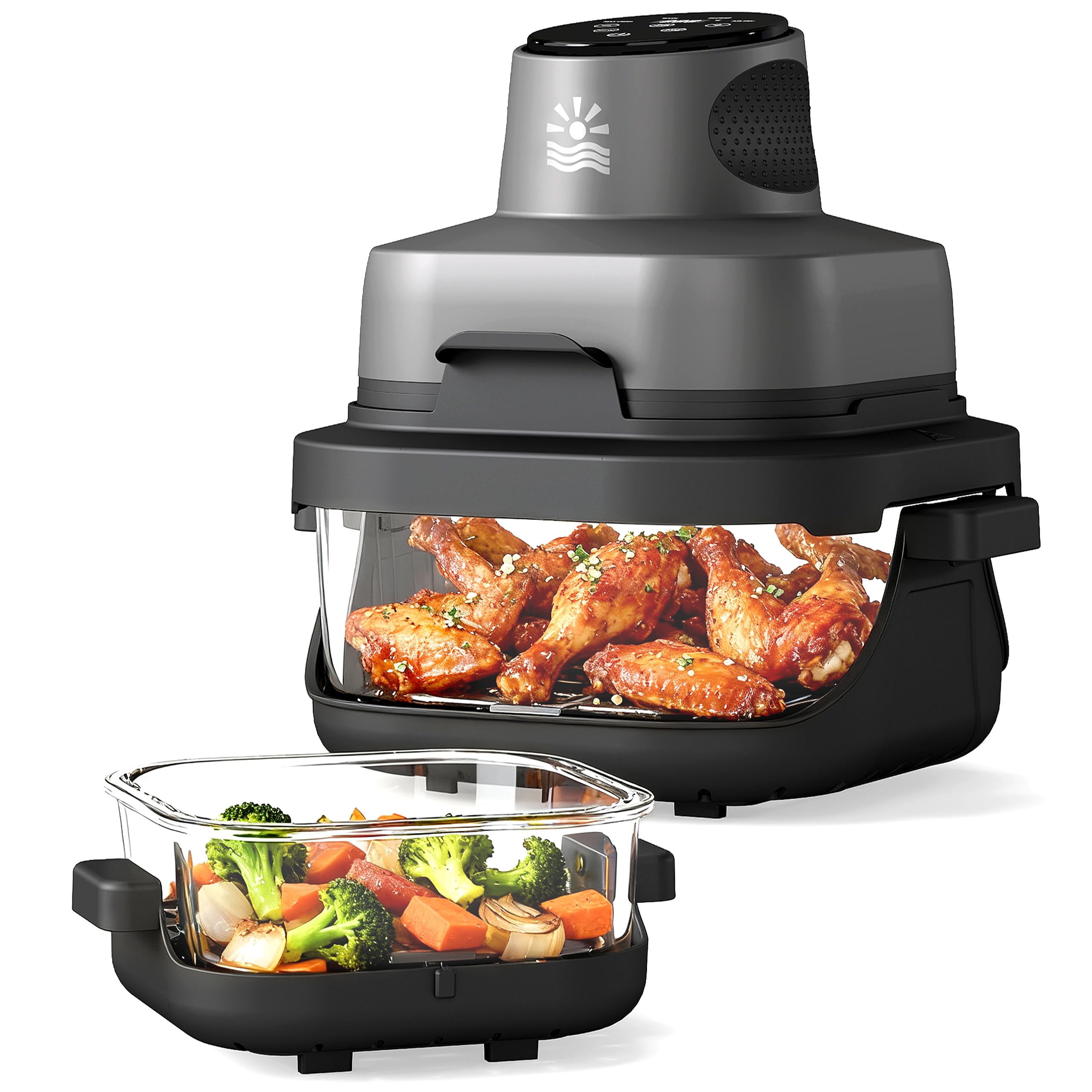 Oylus Freidora de Aire de Vidrio 4 en 1 frente, cocina rápida y saludable.