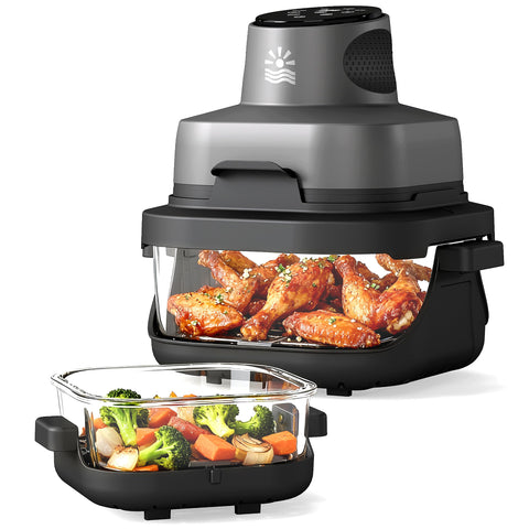 Oylus Freidora de Aire de Vidrio 4 en 1 frente, cocina rápida y saludable.