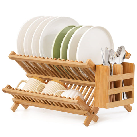 Oyydecor estante para secar platos de bambú dos niveles, mayor orden.