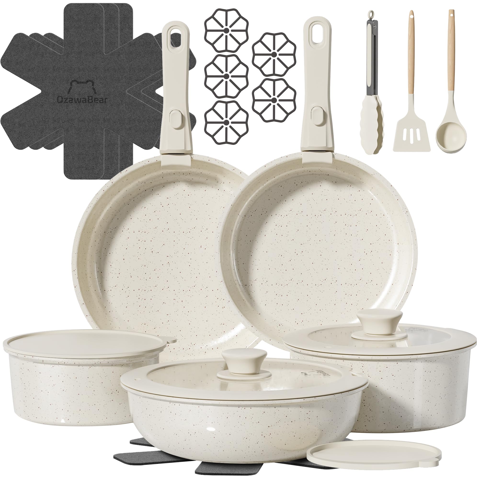 Conjunto OzawaBear de 23 piezas con mangos desmontables para almacenamiento compacto.