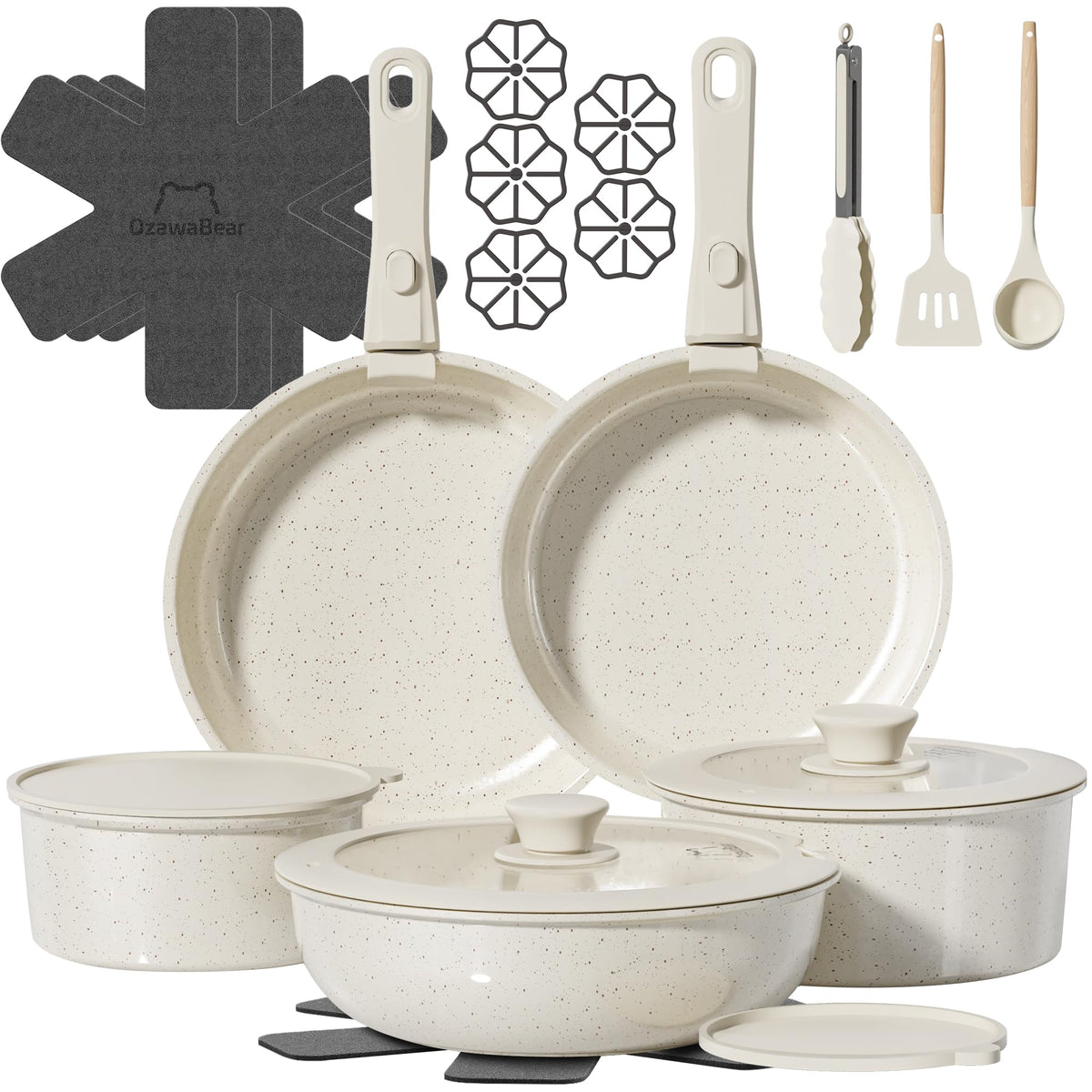 Conjunto OzawaBear de 23 piezas con mangos desmontables para almacenamiento compacto.