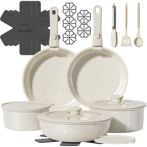 Conjunto OzawaBear de 23 piezas con mangos desmontables para almacenamiento compacto.