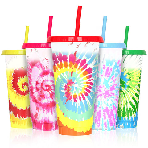 OZMOJOO tazas color cambio tie-dye con tapa, ideales para bebidas frías.