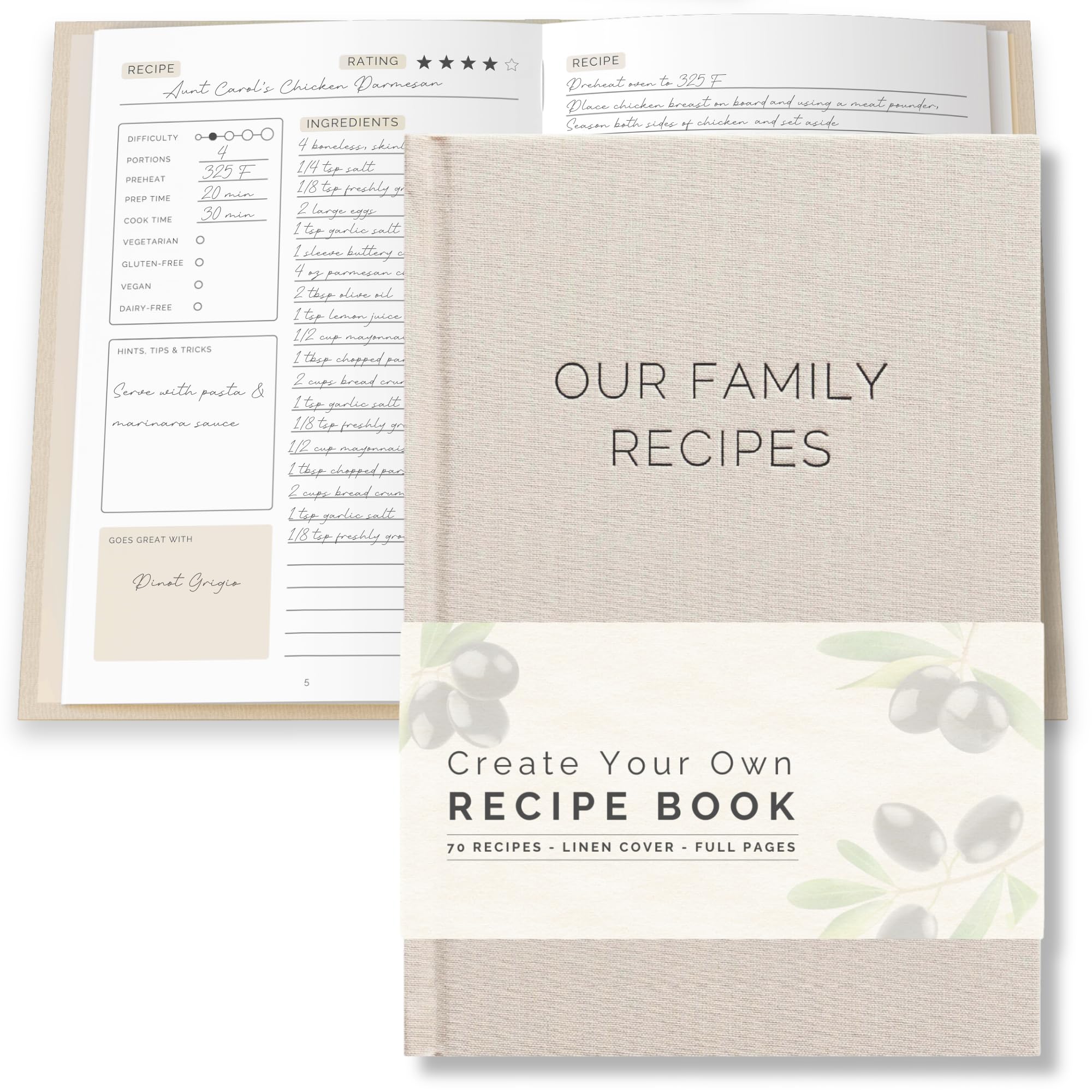 Paige McRae Libros de recetas blanco con tapa de lino, ideal para conservar recetas familiares.