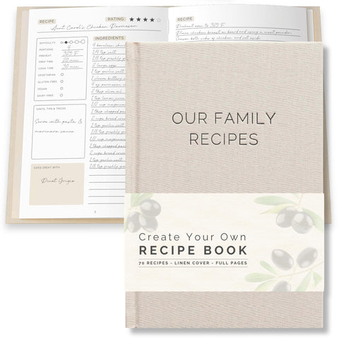 Paige McRae Libros de recetas blanco con tapa de lino, ideal para conservar recetas familiares.